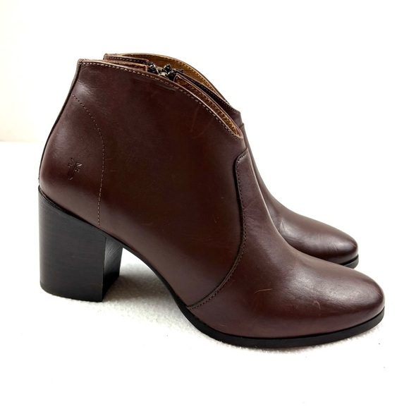 Frye Nora Chestnut Leather Stacked Heel Zip Ankle Moto Western Boots Size 7 - Picture 1 of 11